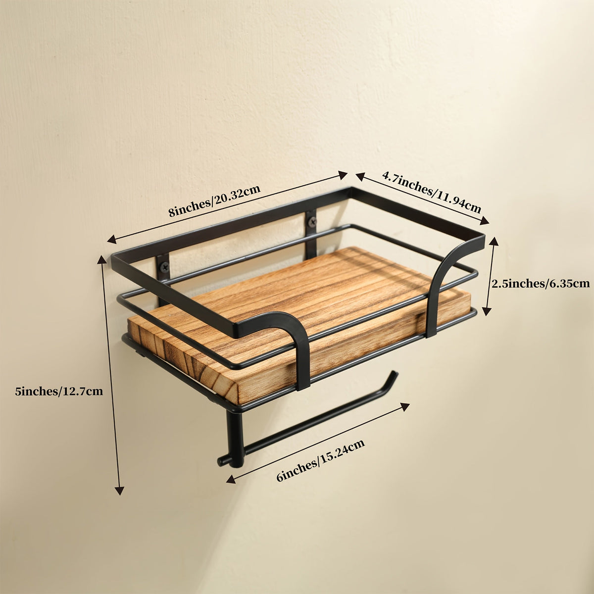 Wall Mounted Toilet Paper Holder with Wooden Shelf and Storage Rack