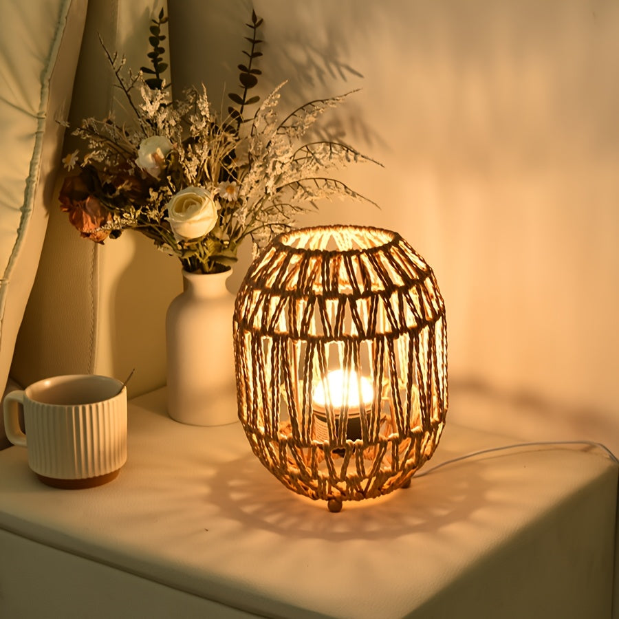 Handwoven Rattan Table Lamp with Warm Ambient Light for Bedroom