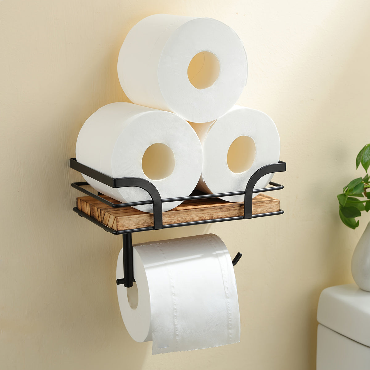 Wall Mounted Toilet Paper Holder with Wooden Shelf and Storage Rack