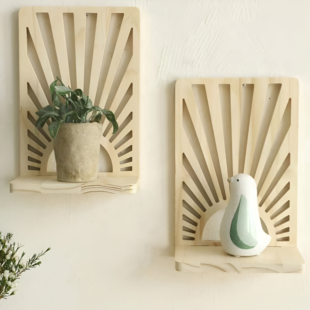 Natural Wooden Wall Shelf with Sunbeam Design
