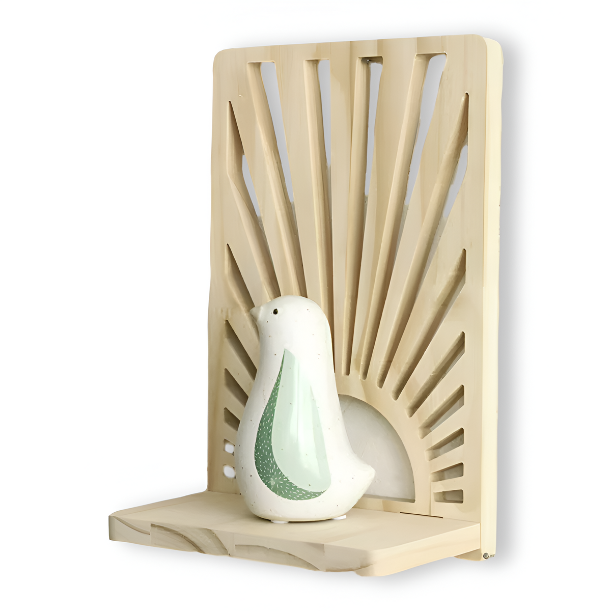 Natural Wooden Wall Shelf with Sunbeam Design
