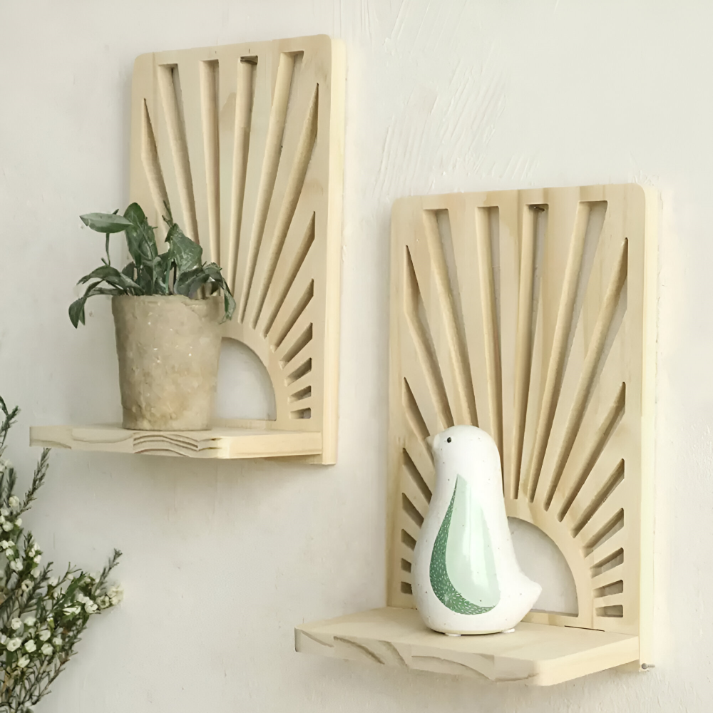 Natural Wooden Wall Shelf with Sunbeam Design