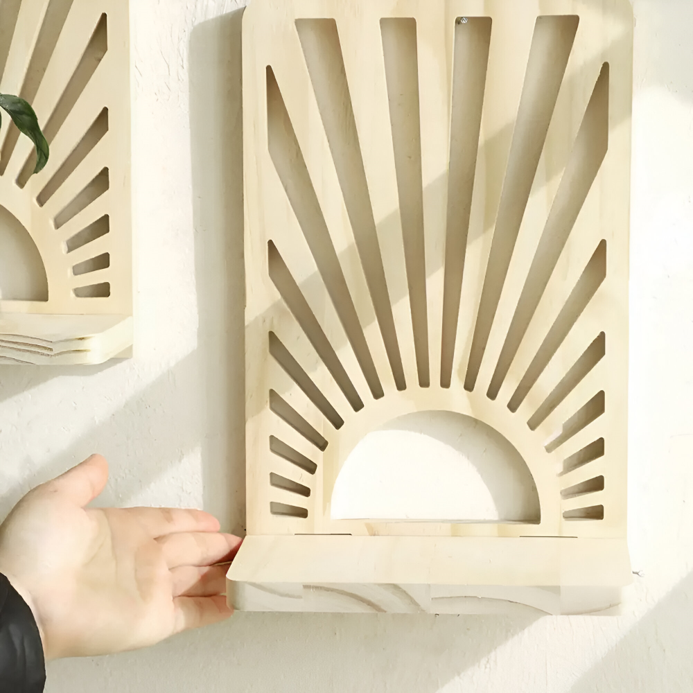 Natural Wooden Wall Shelf with Sunbeam Design