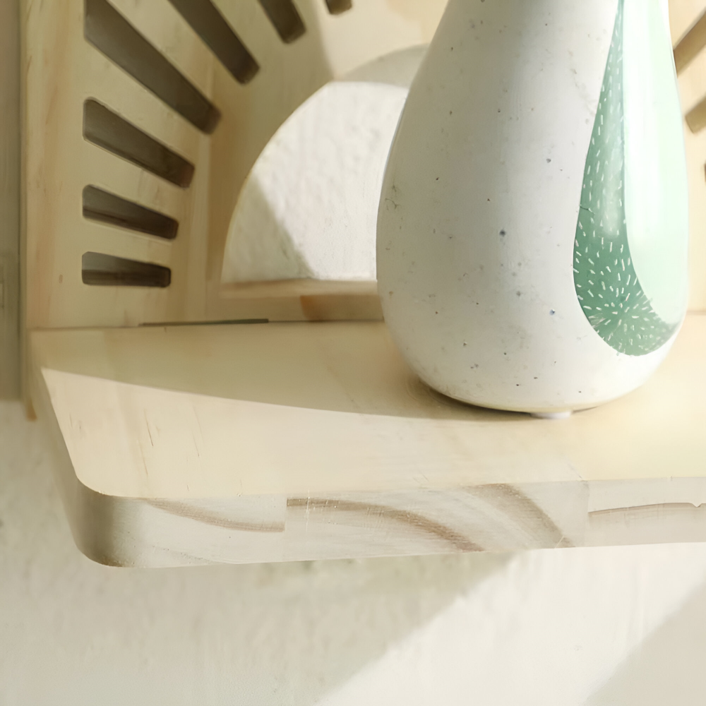 Natural Wooden Wall Shelf with Sunbeam Design