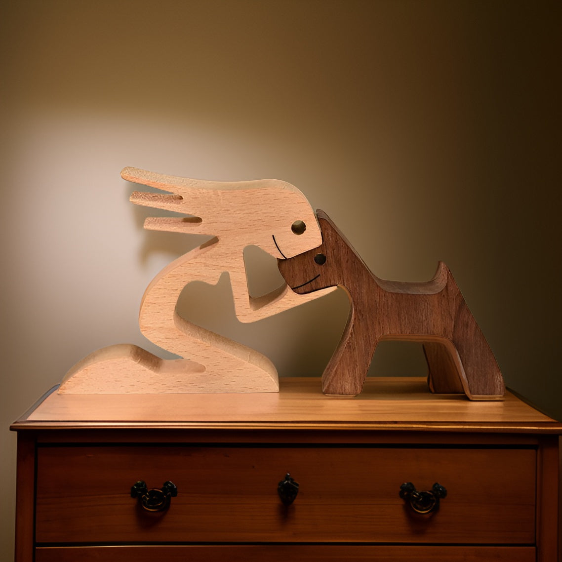 Handcrafted Wooden Dog and Human Sculpture for Home Decor