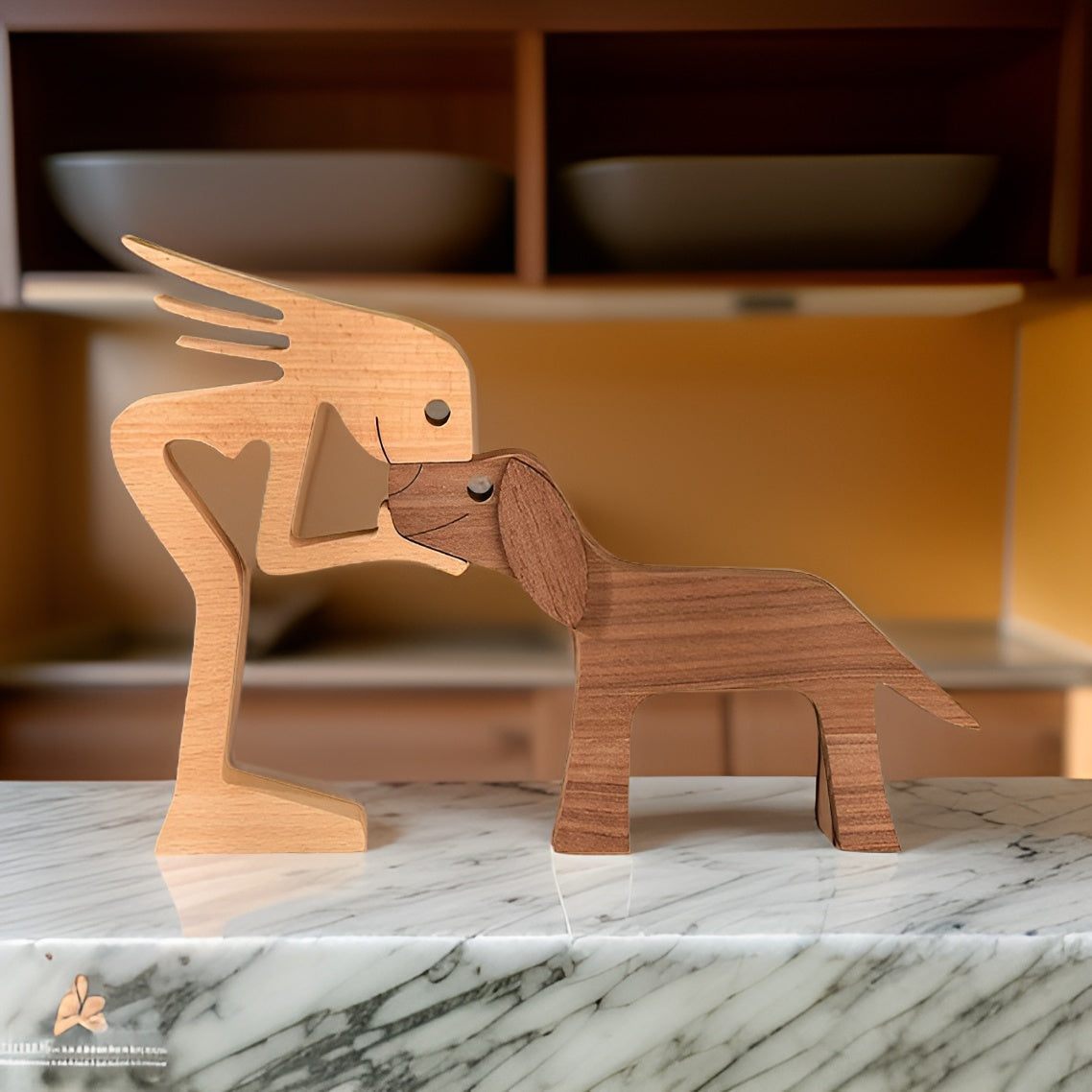 Handcrafted Wooden Dog and Human Sculpture for Home Decor