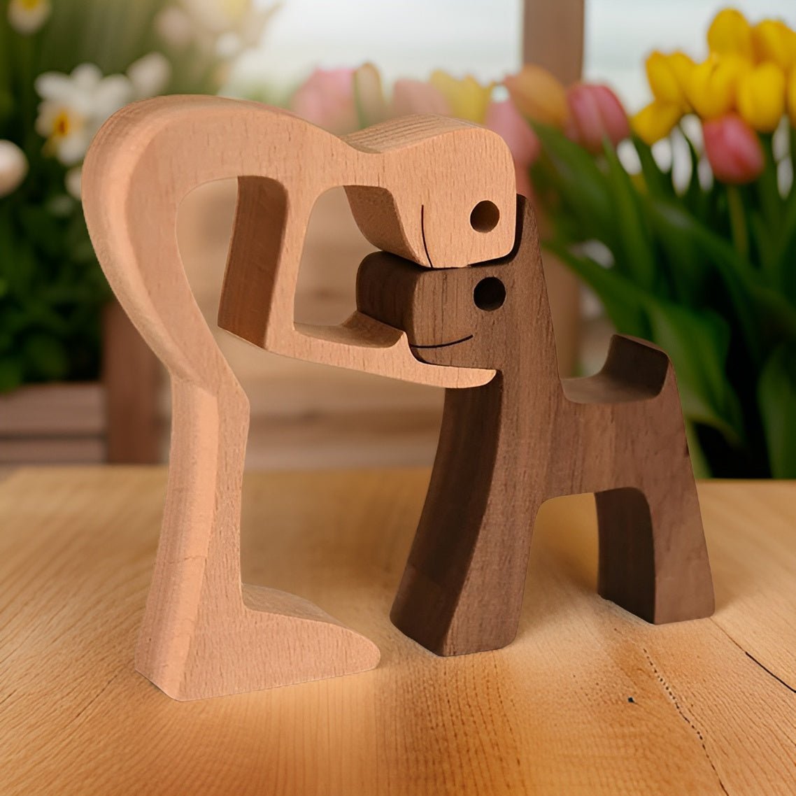 Handcrafted Wooden Dog and Human Sculpture for Home Decor