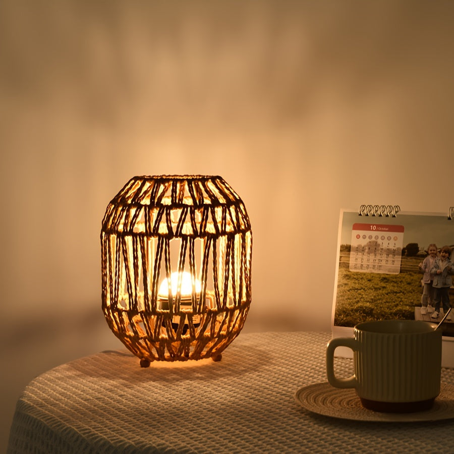 Handwoven Rattan Table Lamp with Warm Ambient Light for Bedroom