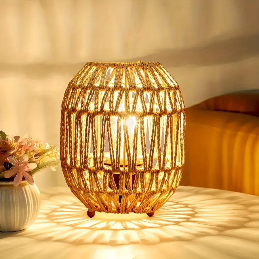 Handwoven Rattan Table Lamp with Warm Ambient Light for Bedroom