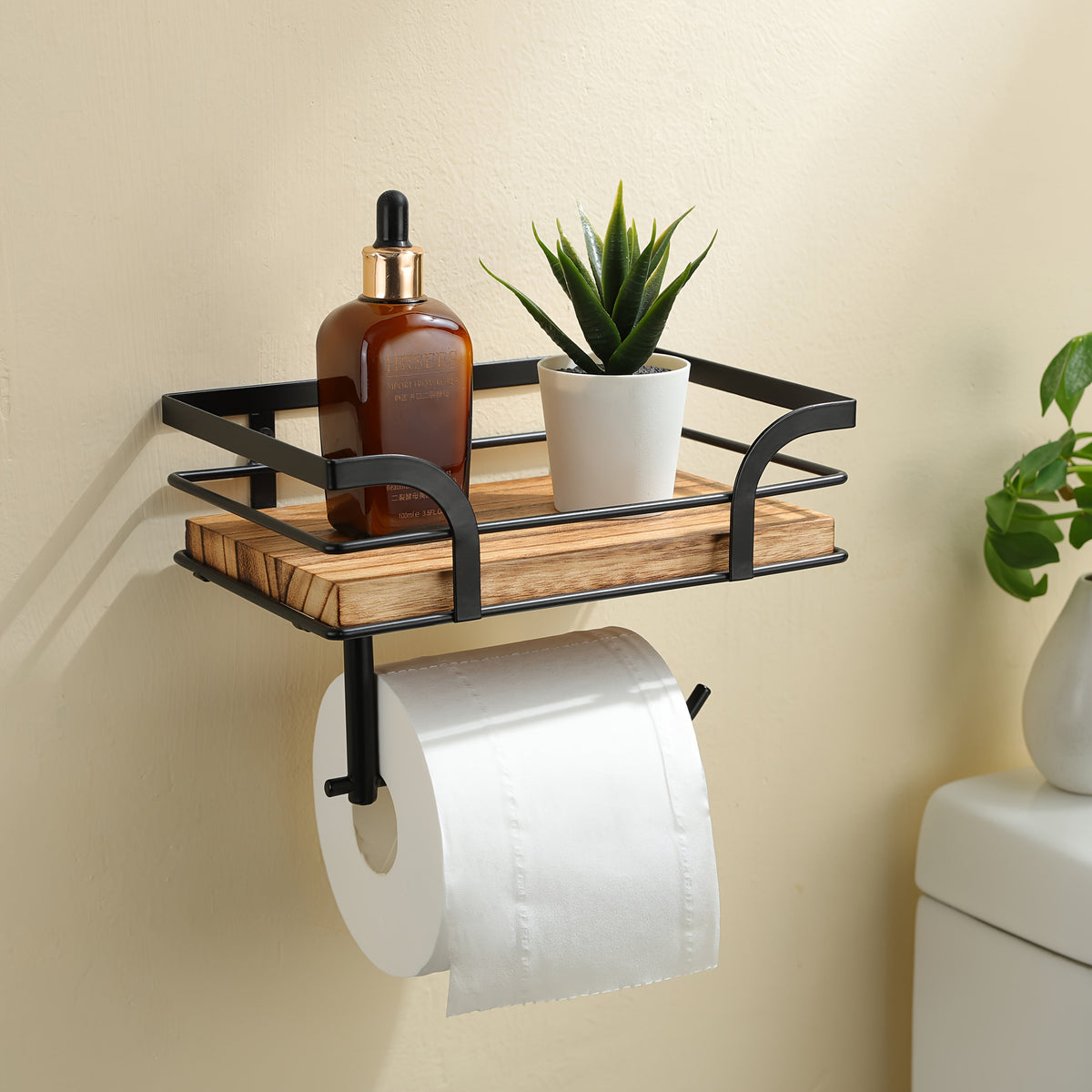 Wall Mounted Toilet Paper Holder with Wooden Shelf and Storage Rack
