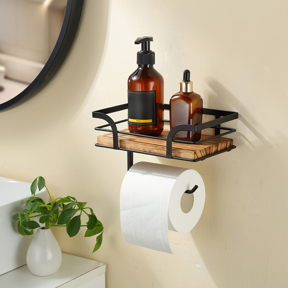 Wall Mounted Toilet Paper Holder with Wooden Shelf and Storage Rack