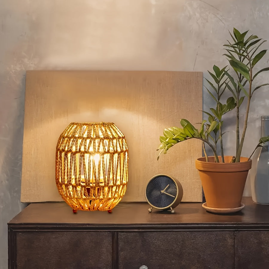 Handwoven Rattan Table Lamp with Warm Ambient Light for Bedroom