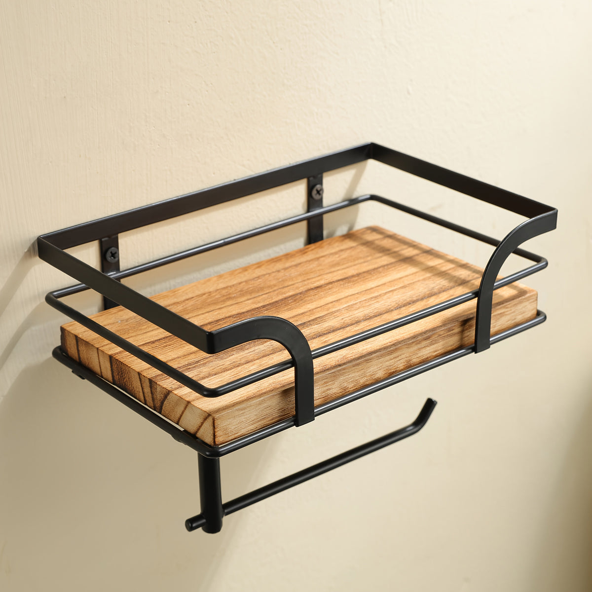 Wall Mounted Toilet Paper Holder with Wooden Shelf and Storage Rack