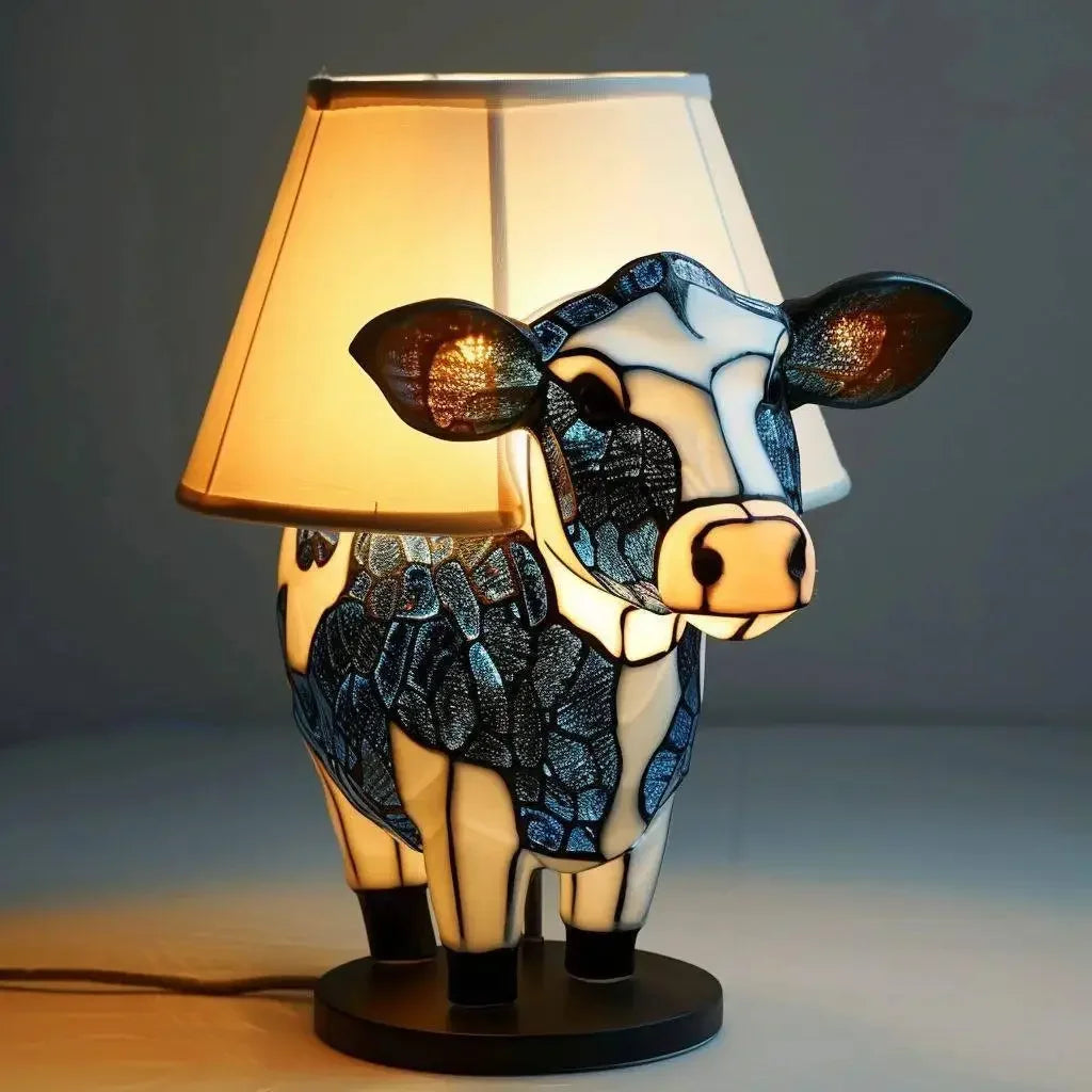 Tiffany Style Cow Table Lamp with Stained Glass Shade