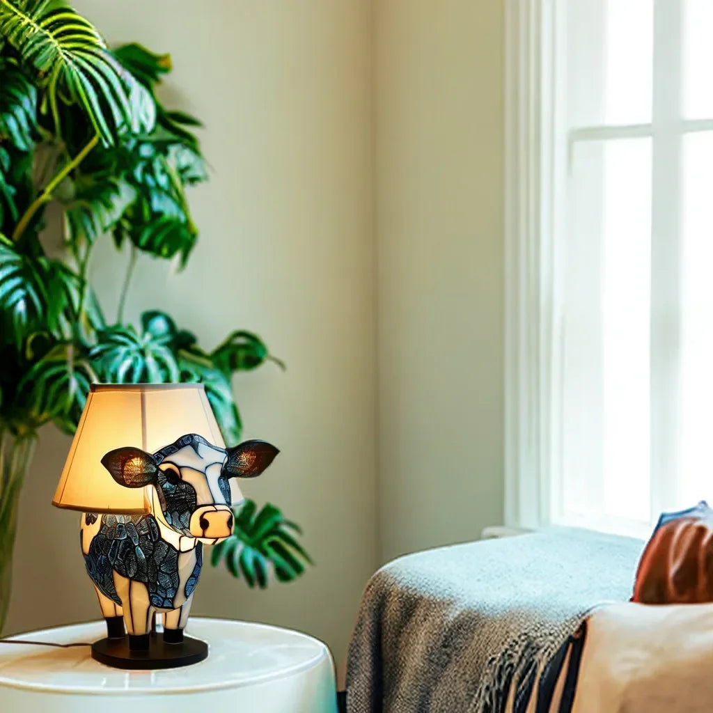 Tiffany Style Cow Table Lamp with Stained Glass Shade