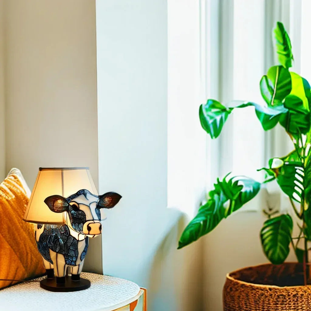 Tiffany Style Cow Table Lamp with Stained Glass Shade