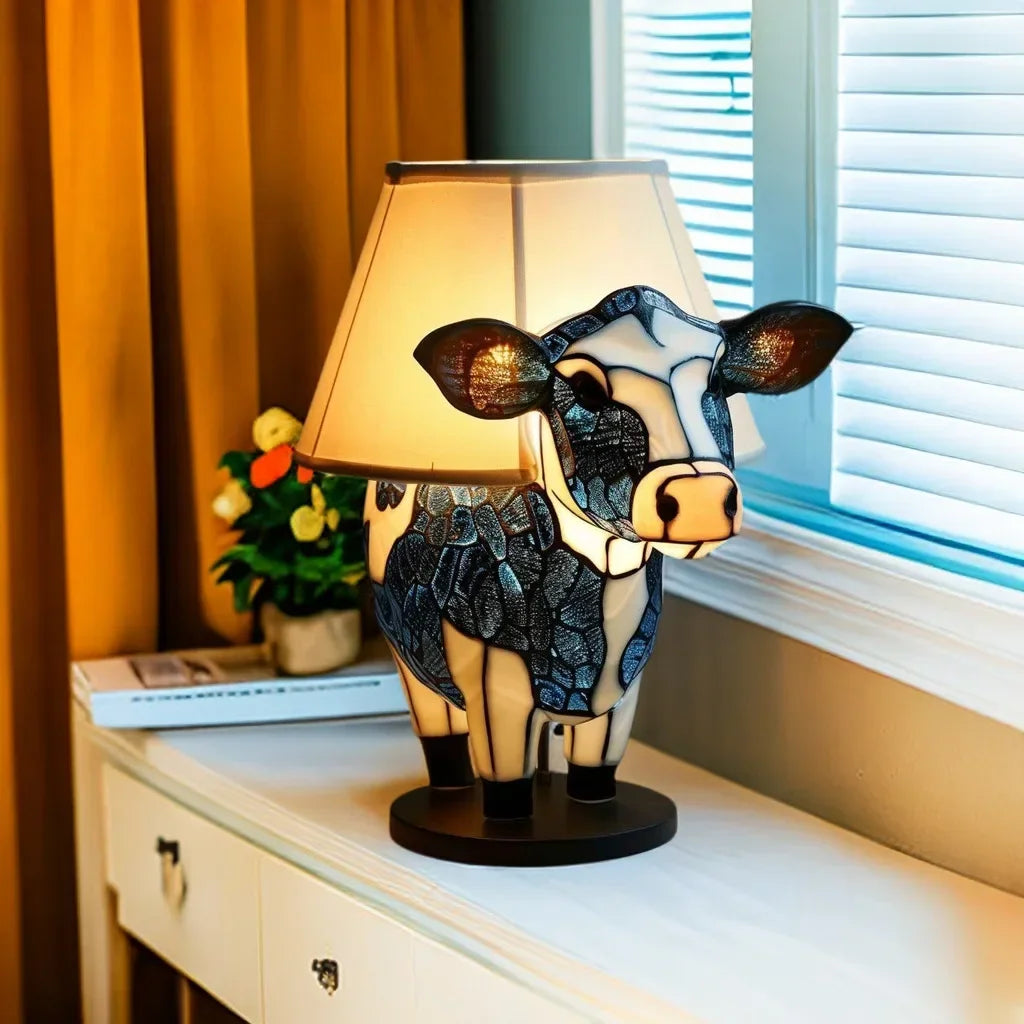 Tiffany Style Cow Table Lamp with Stained Glass Shade